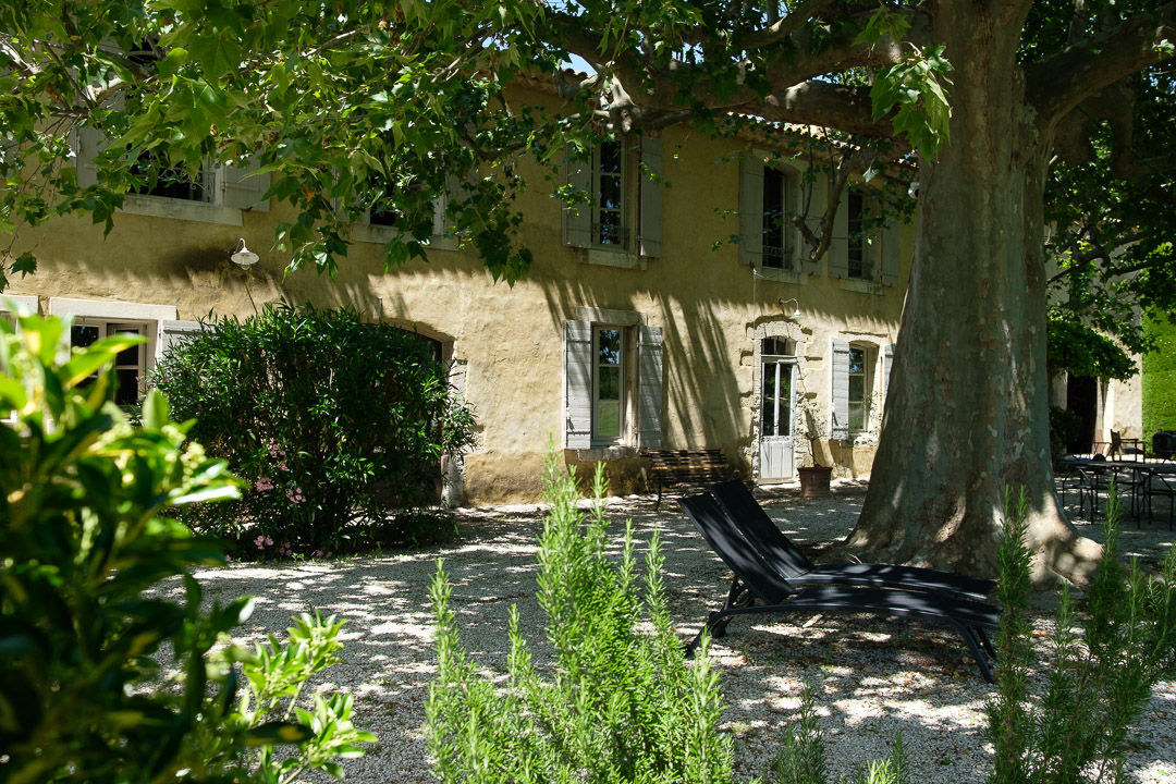 Façade chaulée d'un mas provençal entourée de platanes et de végétation près de L'Isle-sur-la-Sorgue.
