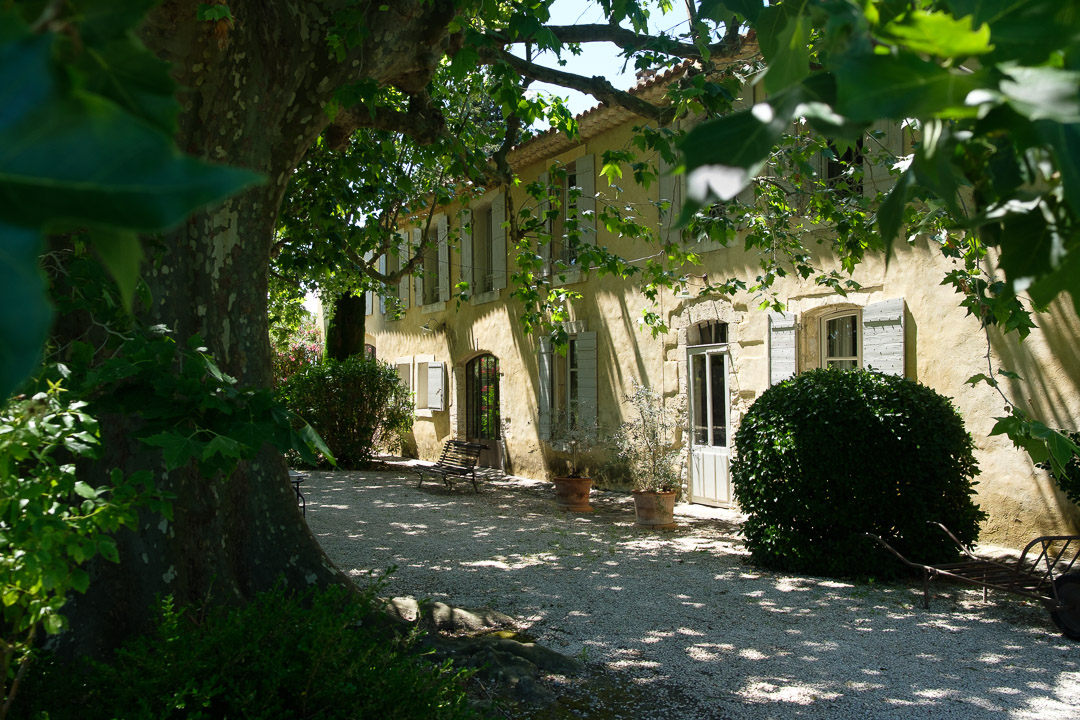 Façade chaulée d'un mas provençal sous de grands platanes dans un jardin paysager près de L'Isle-sur-la-Sorgue, au cœur du Luberon.