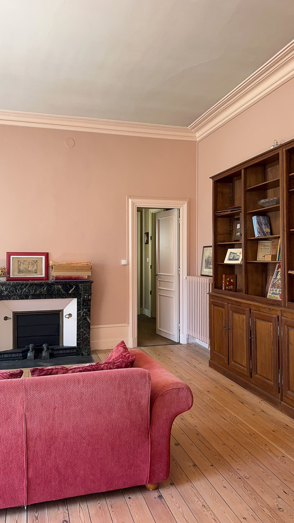 Salon avec cheminée en marbre, bibliothèque en bois et parquet ancien dans une demeure bourgeoise à Tramayes.